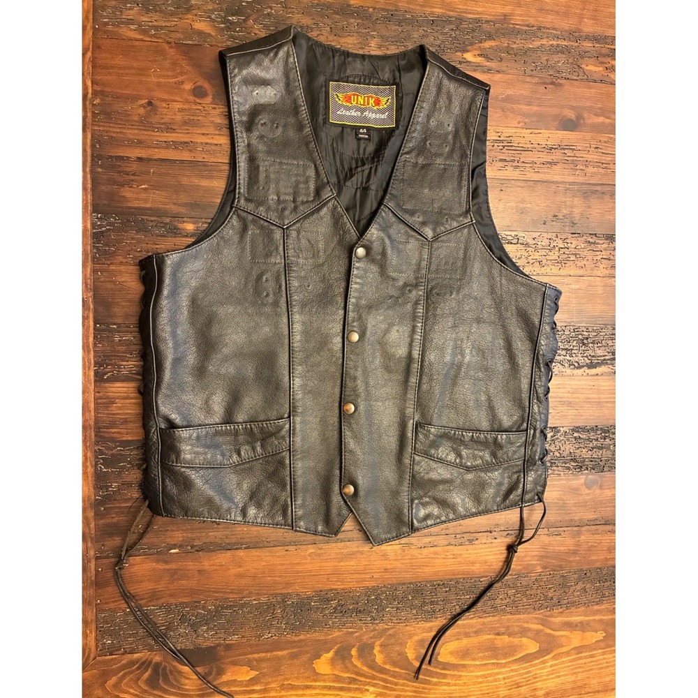 UNIK Leather Motorcycle Vest Men's Size XL Black Lace Up Side Patches Removed